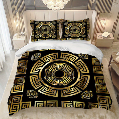 Latacaca 3pcs Black and Golden Greek Meander Pattern Duvet Cover Set, (1 Duvet Cover + 2 Pillowcases), Machine Washable, Elegant Design Bedding Set, Comfortable Bed Cover Set for Bedroom