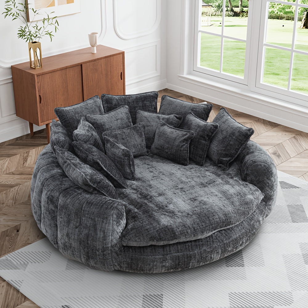 Modern 81" Oversized Bean Bag Chair - Upholstered Chenille Round Sofa Bed with Plush Fluffy Cushion, Deep Seat & Open Back Design, No Assembly Required, Gray Fabric for Living Room, Apartment, or Guest Room, Cozy Seating, Con