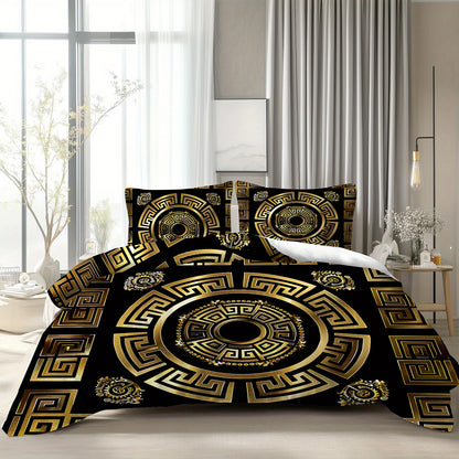 Latacaca 3pcs Black and Golden Greek Meander Pattern Duvet Cover Set, (1 Duvet Cover + 2 Pillowcases), Machine Washable, Elegant Design Bedding Set, Comfortable Bed Cover Set for Bedroom