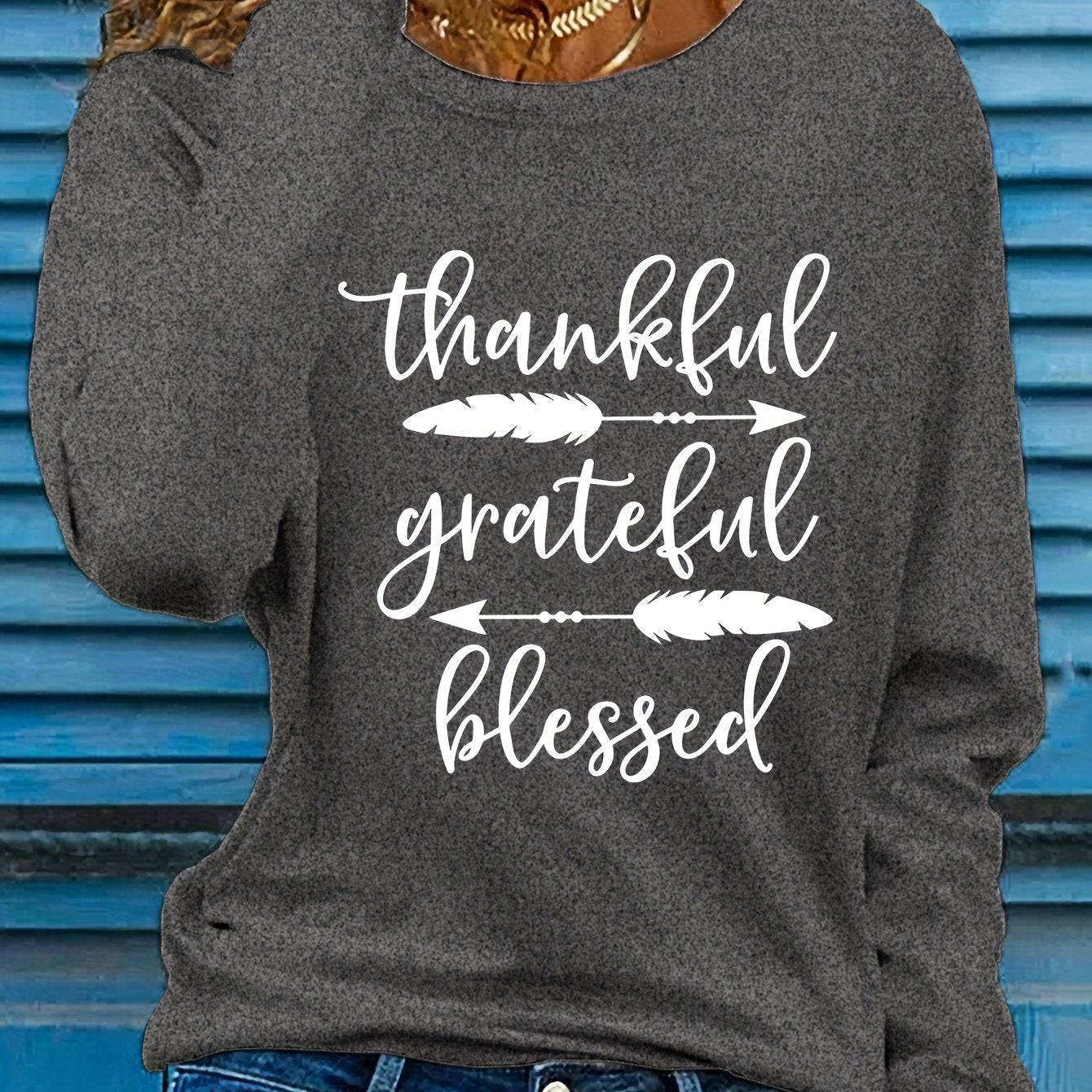 Women's Beige Thankful Grateful Blessed Print Long Sleeve T-Shirt - Loose Fit Round Neck Casual Top with Cursive Lettering & Accent, Soft Comfortable Fabric for Fall Winter Casual Attire, Thanksgiving Christian Apparel, Sprin
