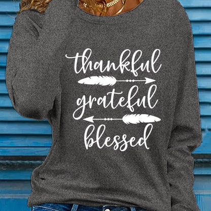 Women's Beige Thankful Grateful Blessed Print Long Sleeve T-Shirt - Loose Fit Round Neck Casual Top with Cursive Lettering & Accent, Soft Comfortable Fabric for Fall Winter Casual Attire, Thanksgiving Christian Apparel, Sprin