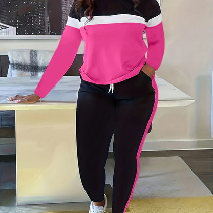 Color Block Striped Print Two-Piece Set, Round Neck Long Sleeve Top And Drawstring Pants, Women's Fashion