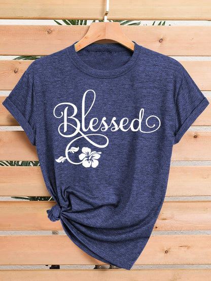 Women's Casual Short Sleeve T-Shirt - Blessed Floral Print Retro Style, Soft Stretch Round Neck Top, Machine Washable All-Season Comfort, Multi-Color Options S-XXL, Ladies T Shirts