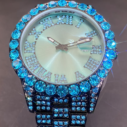 Ice Rhinestone Fashion Couple Watch Ice Blue Artificial Diamond Calendar Quartz Men'S Watch Party Women'S Watch Gift