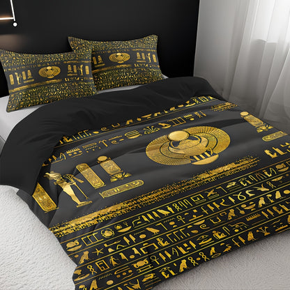 Egyptian Theme Duvet Cover Set - 3pcs Soft High-Definition Digital Print In Black And Golden - Breathable Polyester, Machine Washable - Perfect Gift For All-Season Use With Duvet Cover And Pillowcases