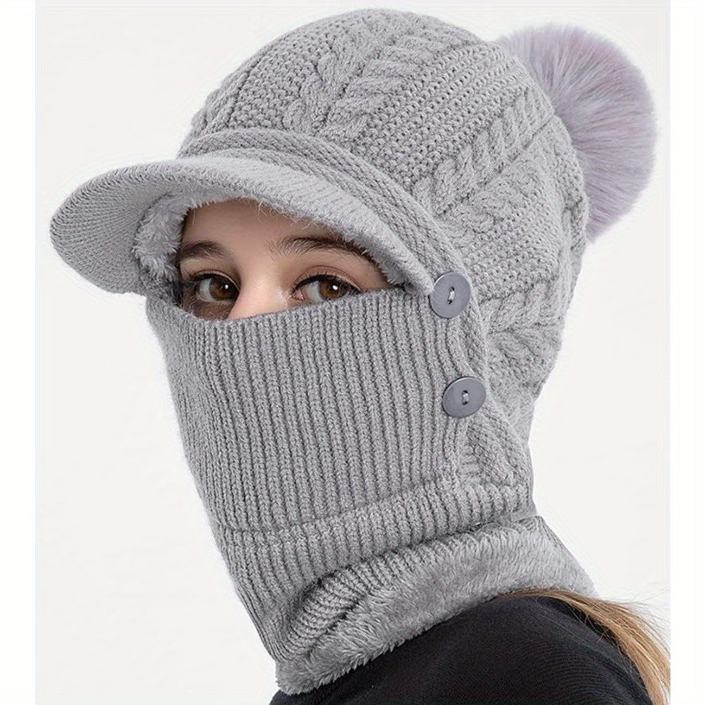 1x Winter Women's Pullover Ear Warmer Hat, Scarf Mask Combo Warm Thick Skull Ski Cap, Head And Neck Warmth, Ear And Face Warmer, Winter Scarf Mask Combo, Ear Warmer Hat, Cable Pattern, Slouchy Fit, Hand Wash Care, Thick Fleec