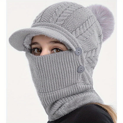 1x Winter Women's Pullover Ear Warmer Hat, Scarf Mask Combo Warm Thick Skull Ski Cap, Head And Neck Warmth, Ear And Face Warmer, Winter Scarf Mask Combo, Ear Warmer Hat, Cable Pattern, Slouchy Fit, Hand Wash Care, Thick Fleec