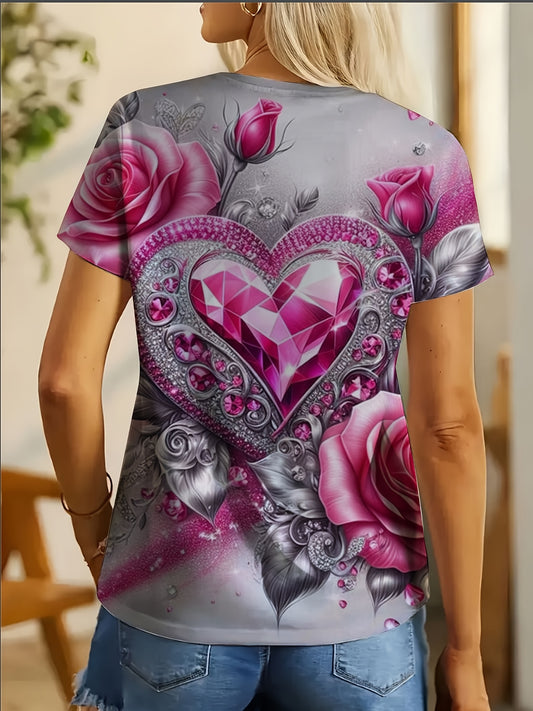 Women's Plus Size Pink Heart Floral Print T-Shirt - 100% Polyester Soft Breathable Crew Neck Short Sleeve Top, Lightweight 210gsm Summer Casual Tee with Sparkling Accents, Machine Washable