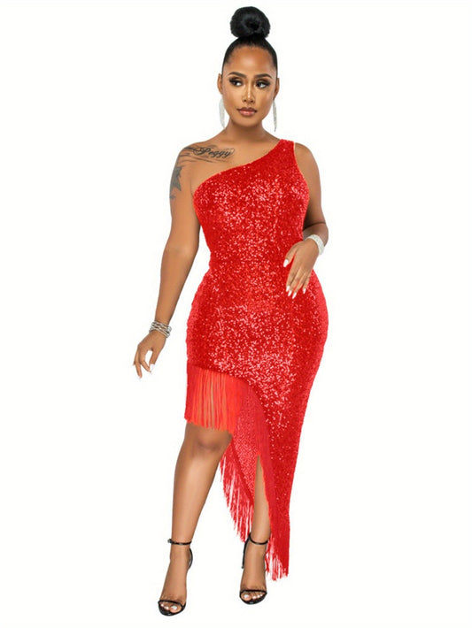 Women'S Sparkling Off-Shoulder Sequin Fringe Evening Gown - Sexy A-Line Short Dress with Asymmetrical Hem & Long Sleeves, Shiny Party Dress for Year-Round Wear, Prom, Galas & Special Occasions (No Padding, Loose Fit), Formal