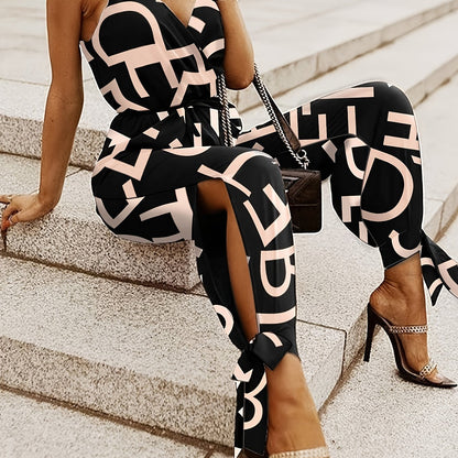 Women'S Sexy Camisole Jumpsuit - Deep V-Neck with Slit, Lace-Up Waist Cinching, Sleeveless Summer Jumpsuit with Spaghetti Straps & Letter Print, Loose Fit Long Length for Adults, Sexy Jumpsuit, Casual Summer Wear, Deep Vneck