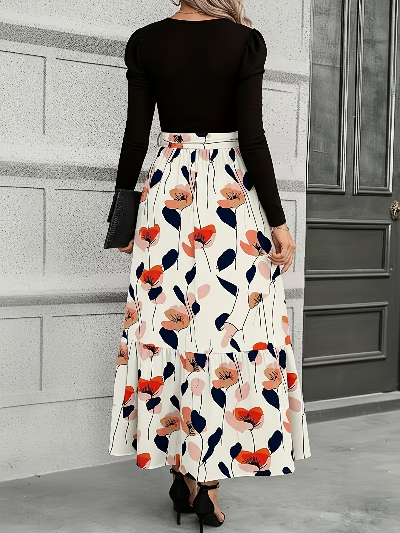 Women'S Navy Blue Floral Tie-Waist Maxi Dress | Retro Elegant Style, Suitable for Daily Streetwear, Light Social Occasions, and Chic Gatherings