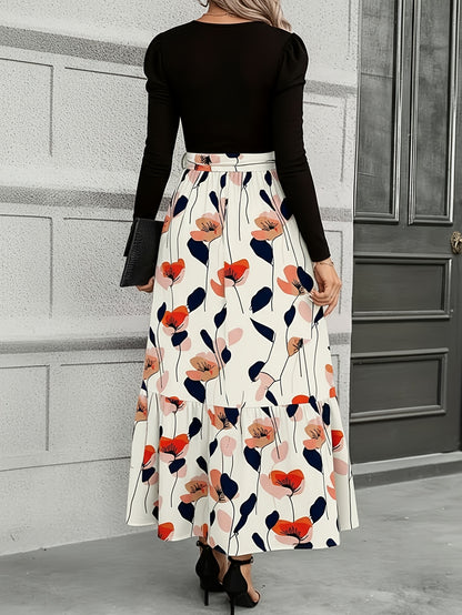 Women'S Navy Blue Floral Tie-Waist Maxi Dress | Retro Elegant Style, Suitable for Daily Streetwear, Light Social Occasions, and Chic Gatherings