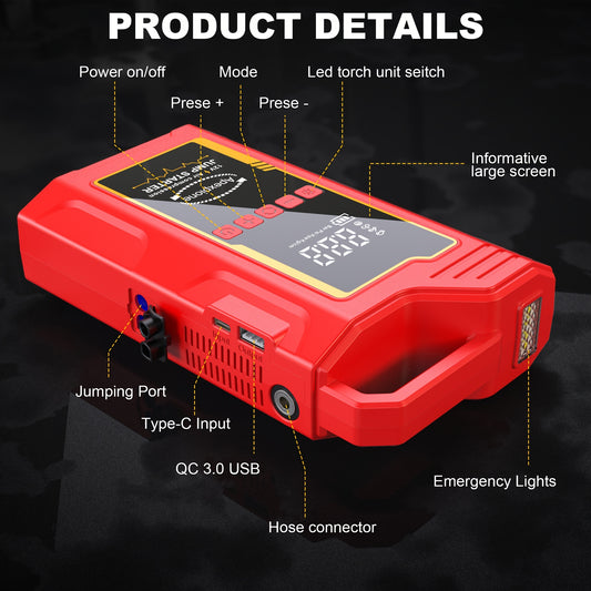 15000A Jump Starter Peak 12V Portable Car Jump Starter | With Air Compressor, LED Light, Battery Charger, Cart Battery Charger, Tire Inflator, Essential Car Rescue Tools For Families, Gift, USB Charging, Digital Display