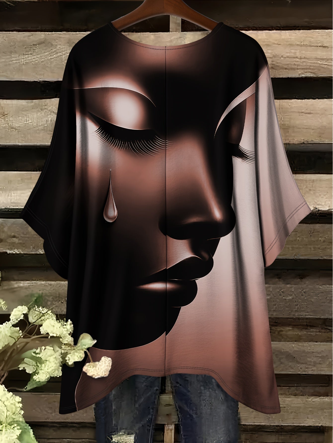 Plus Size - Casual Elegant Comfortable Crew Neck Short Sleeve T-Shirt | Large Size, Tearful Dream Portrait Print, No Accessories