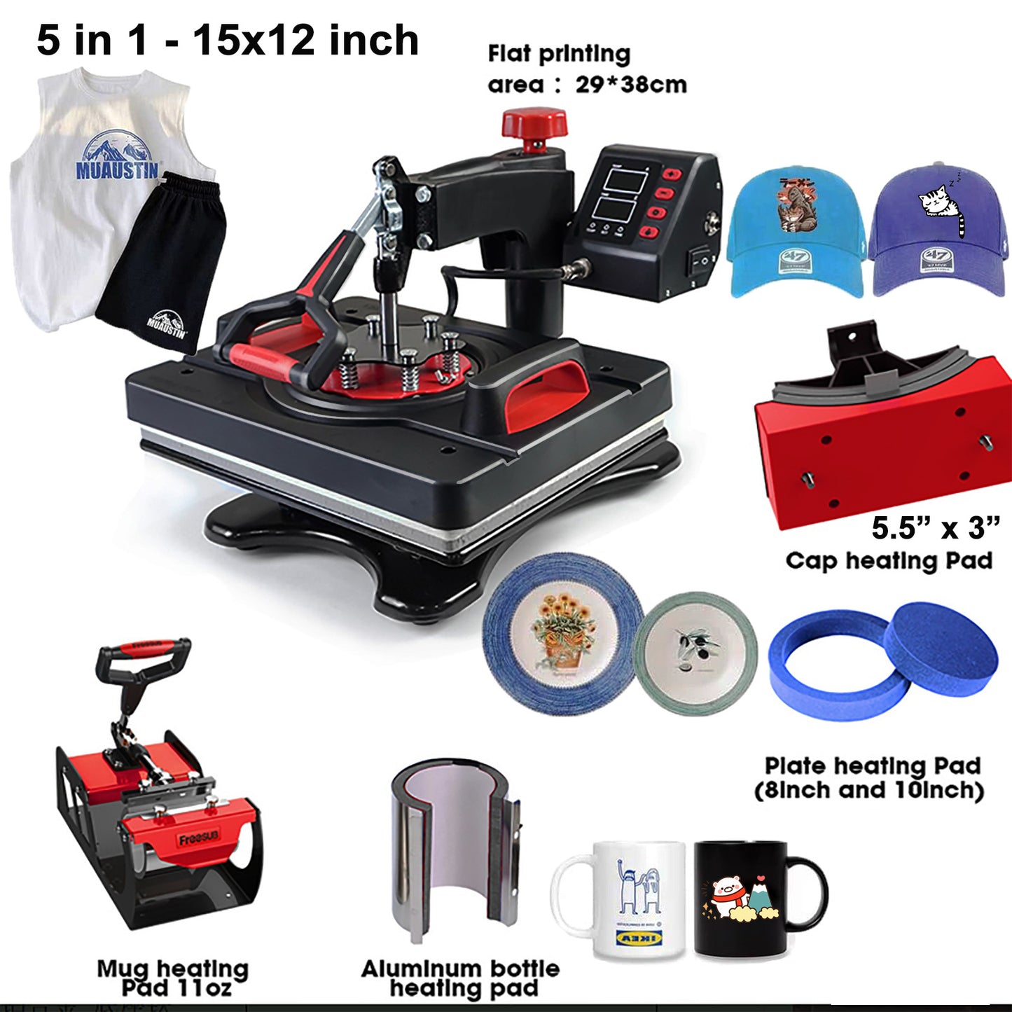 HOMDOX Upgraded 8 in 1 / 5 in 1 Heat Press Machine 15 x 12 Inch Professional Heat Transfer Machine 360-Degree Swing Away Multifunction Industrial-Quality Digital Sublimation Combo Heat Press for T Shirt Mug Hat Plate Cap for