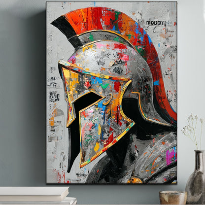 1pc Framed Spartan Helmet Canvas Art - 12x16 Inch HD Oil Painting, Bold Warrior Design with Red & Golden Accents, Modern Home Decor for Living Room, Bedroom, Office - Urban Graffiti Style, Canvas Wall Art, Bedroom Artwork, De