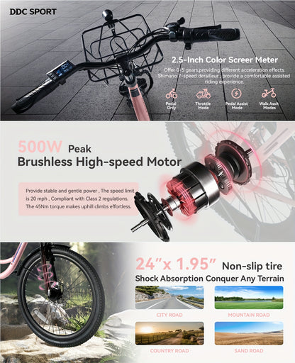 Cruiser Electric Bike For Women, 500W Motor 36V/10.4Ah Removable Battery, 25-40 Miles 20MPH, 24 Inch Electric Bike High-Carbon Steel Frame, 7-Speed With Front Basket -Beach Commuter Ebike For Adults, Ebike With Basket, Sakura