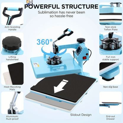 15x15 Inch 5-in-1 Set Heat Press Machine for Everything Transfers, Swing Away Press Machine for T Shirt, Bags, Pillows, Plates(6" And 8"), Tumblers, Mugs, Cups, Hats And Caps(5.5"x3") - Hat Heat Press - 3in 1 Can Only Press H