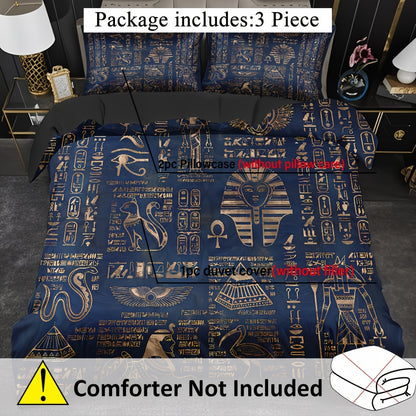 Ancient Egyptian Symbols Duvet Cover Set - Soft High-Definition Digital Print, Blue Polyester, Includes Duvet Cover And Pillowcases, All-Season Use, Perfect Gift For Family And Friends, Machine Washable, Easy Care