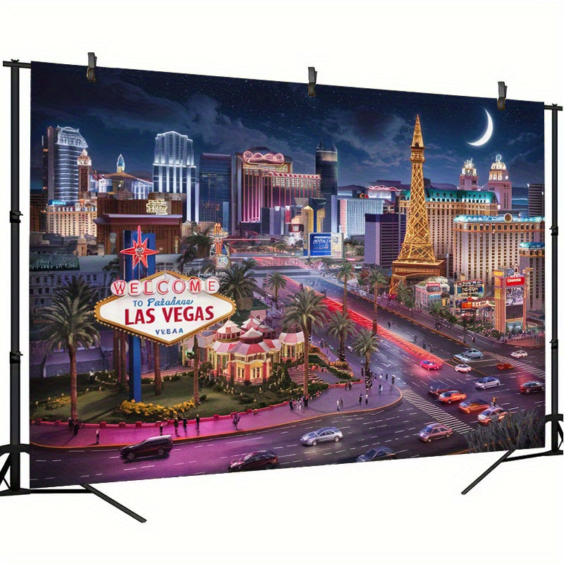 1pc Las Vegas Night Scene Polyester Banner - Vibrant Cityscape with Eiffel Tower, Lights, and "Welcome to Fabulous Las Vegas" Sign - Ideal for Home, Room, or Party Decor, Party Backdrop | Urban Night Theme | Durable Decor Mat