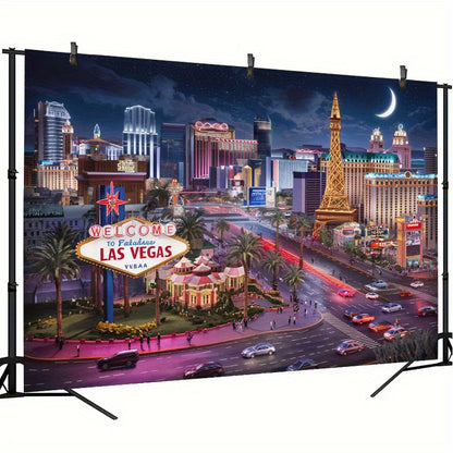 1pc Las Vegas Night Scene Polyester Banner - Vibrant Cityscape with Eiffel Tower, Lights, and "Welcome to Fabulous Las Vegas" Sign - Ideal for Home, Room, or Party Decor, Party Backdrop | Urban Night Theme | Durable Decor Mat