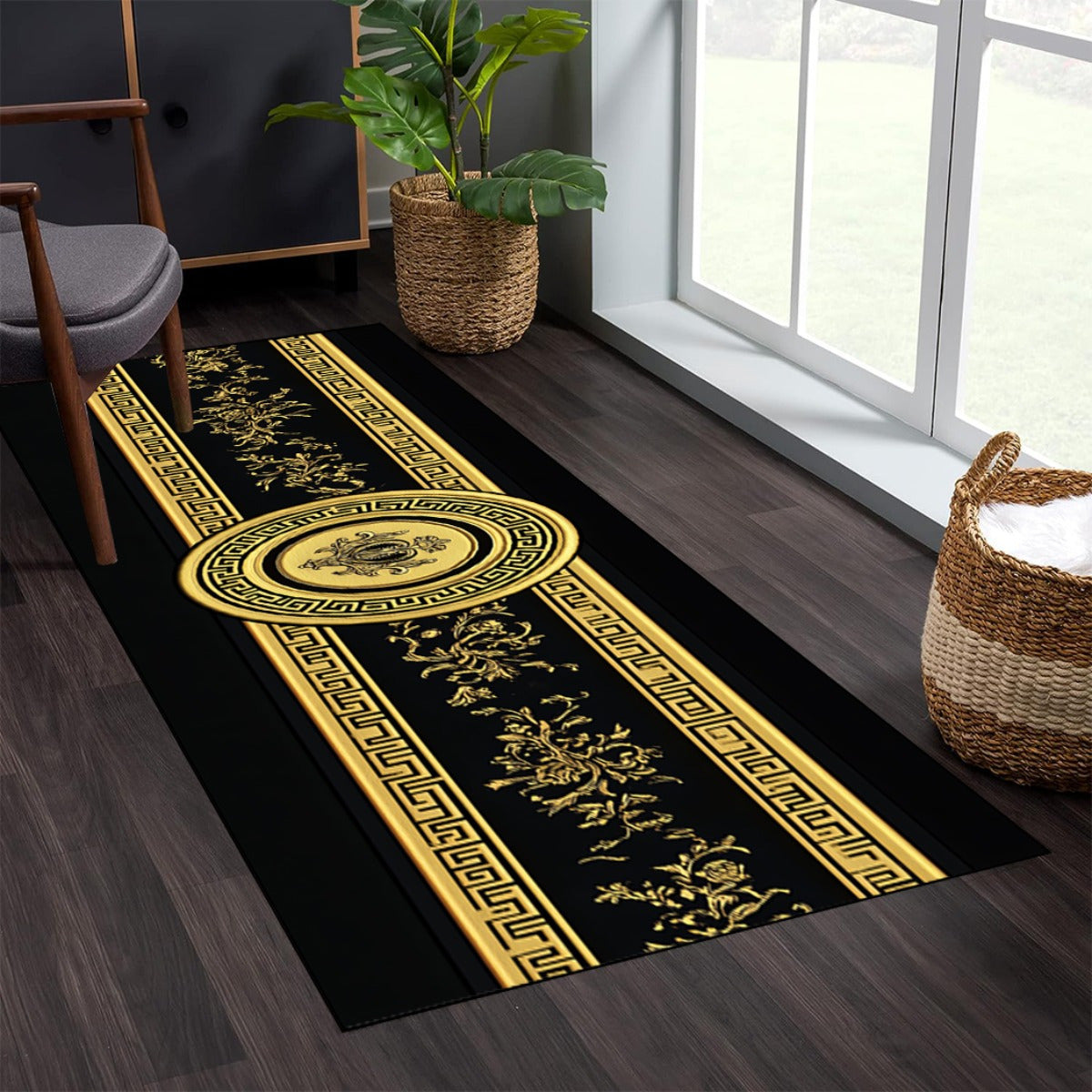 1pc HKStorage Greek Key & Medusa Printed Runner - Black & Golden Greek Key Pattern with Medusa Border, Long Entryway Hallway for High-Traffic Zones, Residential/Commercial Use, Hand Washable -like Luxury