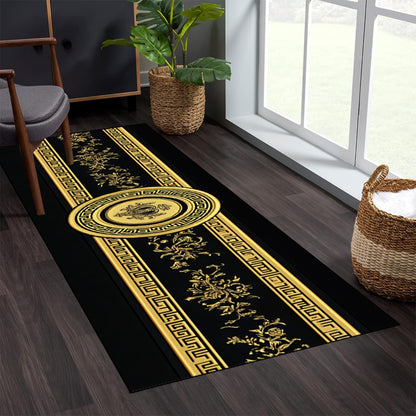 1pc HKStorage Greek Key & Medusa Printed Runner - Black & Golden Greek Key Pattern with Medusa Border, Long Entryway Hallway for High-Traffic Zones, Residential/Commercial Use, Hand Washable -like Luxury