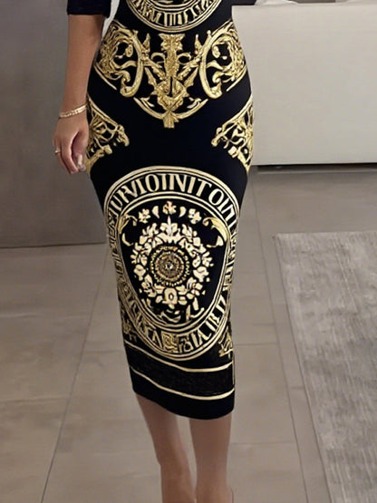 Plus Size - Plus Size, Women'S Elegant Black & Golden Baroque Totem Print Dress - Slim Fit Tall Length, Stretchy Light Beige-Friendly Fabric, Round Neck Short Sleeve, Luxury for party Dating & Everyday Outfit, All-Season Vers