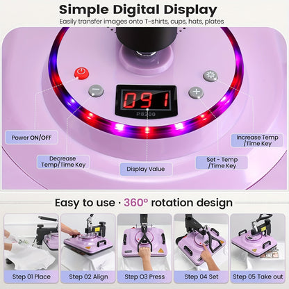 Advanced 8-in-1/ 5-in-1 - 15"x12" Heat Press Machine Set, Multi-Size Transfer Professional Sublimation Combination, With DUAL-TUBE HEATING And LED Lights, Suitable For T-shirts, Bags, Pillows, Hats, Beanies, Roller - Rotatabl