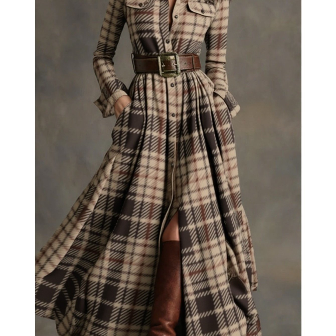 Women's Brown-Toned Plaid Women's Brown-Tan Plaid - Belted Shirt Maxi Dress | Retro Utility Style - Suitable for Daily Outings, Light Retro Looks - aShirt Maxi Dress | Retro Utility Style - Suitable for Daily Outings, Light R