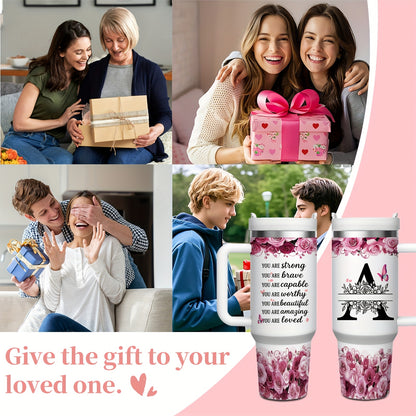 MIKENDA 1pc 40oz "A-Z Custom Letters & Name" Stainless Steel Travel Cup with Lid And Straw. Coffee Cup, Kitchen Drinkware. Great Gift for Women, Friends, Parents.for Mother's Day, Holidays. for Home & Outdoor Use.Halloween &