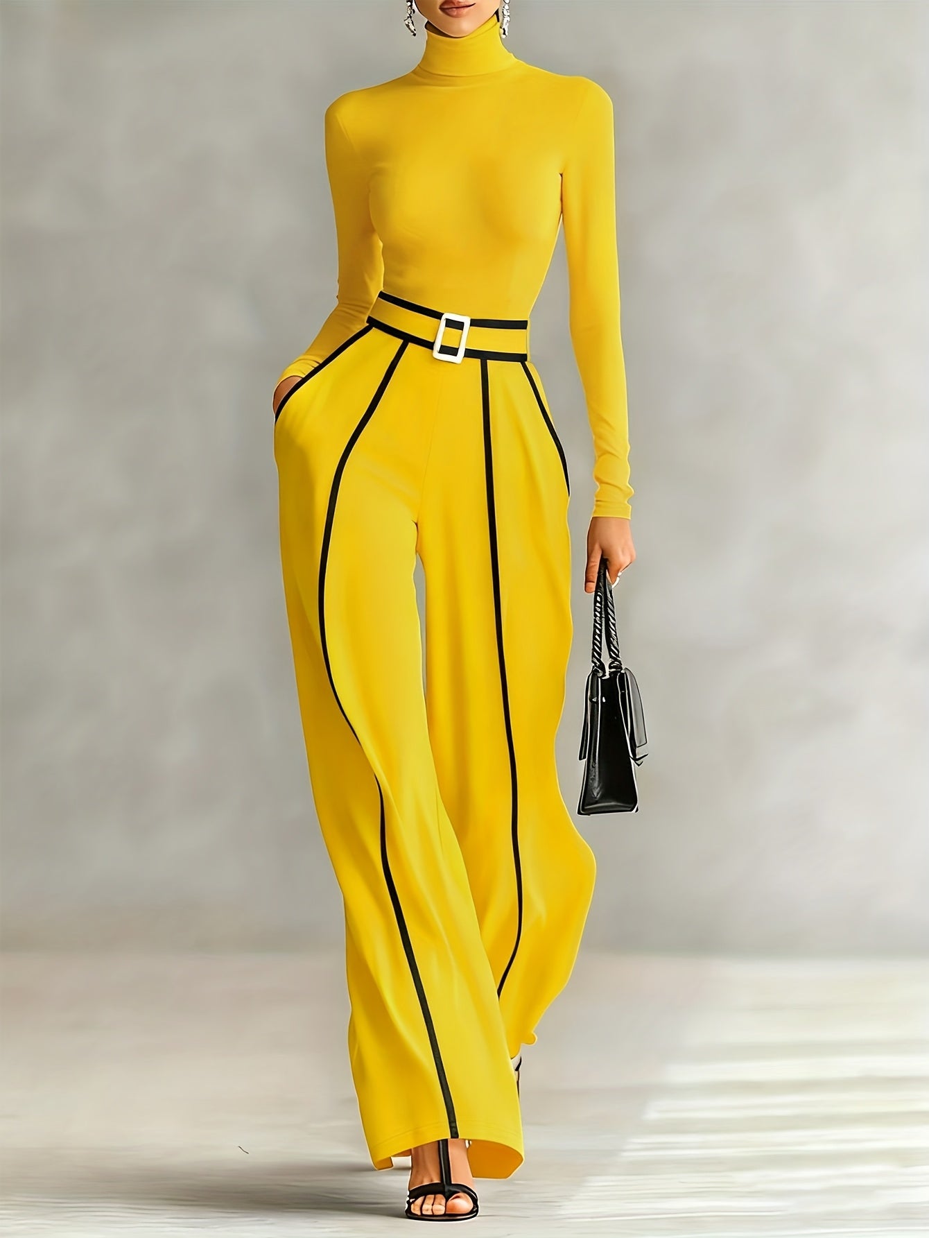 Women's Two-Piece Set: High-Neck Long-Sleeve Top with Contrast Straight-Leg Pants Featuring Pockets and Belt, Elegant and Versatile Design for Autumn/Winter Commuting
