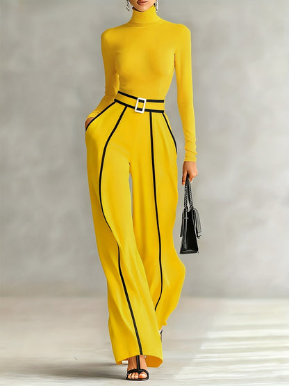 Women's Two-Piece Set: High-Neck Long-Sleeve Top with Contrast Straight-Leg Pants Featuring Pockets and Belt, Elegant and Versatile Design for Autumn/Winter Commuting