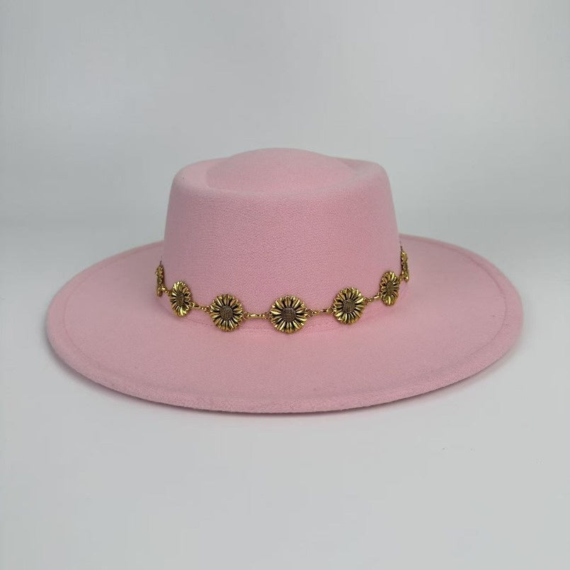 1pc Bohemian-style Unique and Fashionable Felt Hat - Decorated with Exquisite Golden Flower Chain Fedora Hat - Suitable for Daily Street Style, Music Festival Outfits, Bohemian-inspired Looks, Casual Outings and Trendy Season