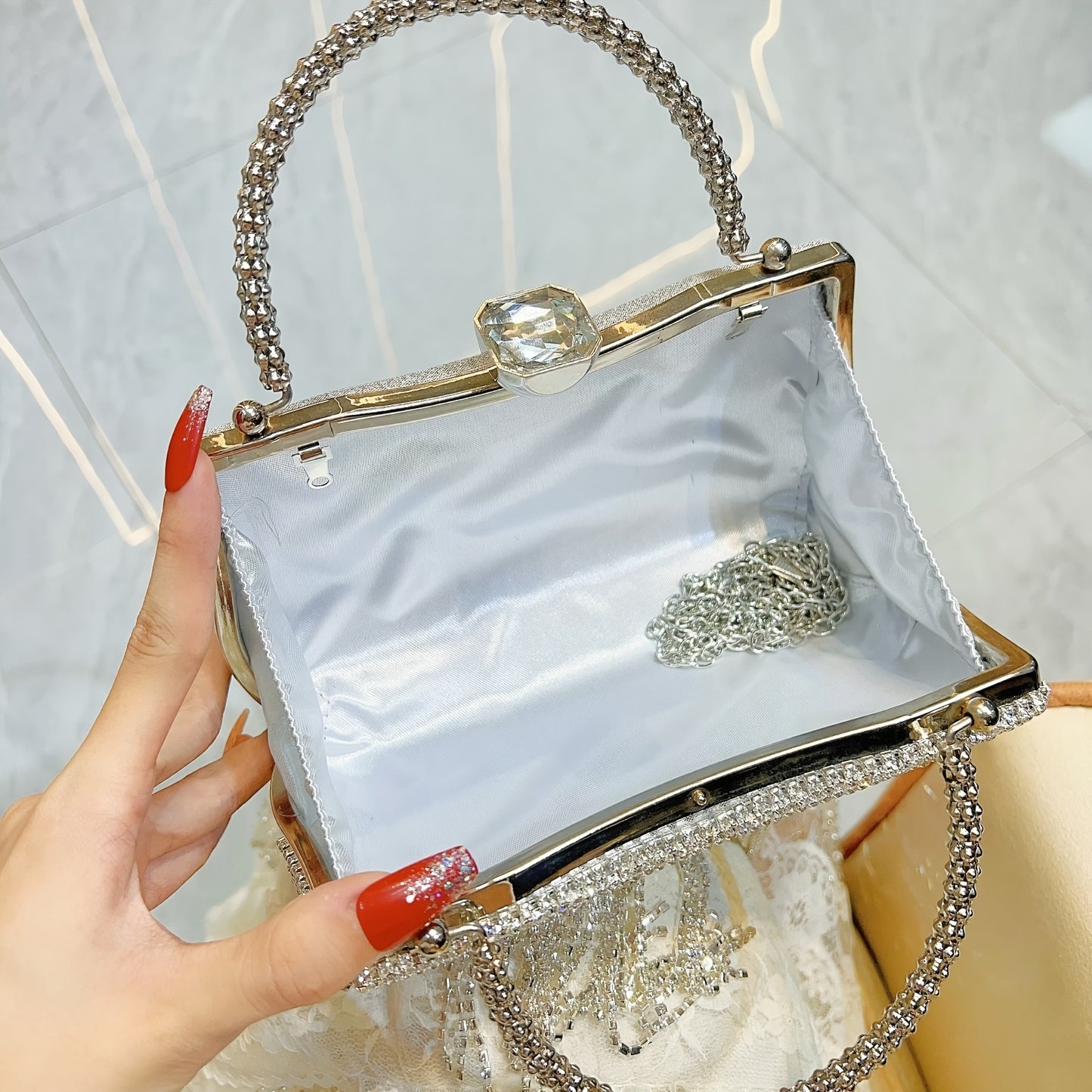 Women's Elegant Rhinestone-Adorned Evening Handbag with Detachable Crossbody Strap & Closure - Sparkling -Encased Design, Tassel Detailing, Durable Luxury Party Wedding Bag for Daily Use, Prom, Galas - Multi-Color Options (Bl