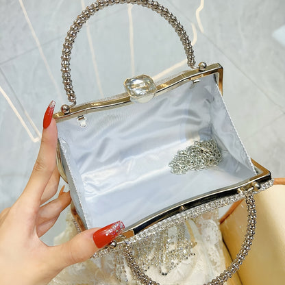 Women's Elegant Rhinestone-Adorned Evening Handbag with Detachable Crossbody Strap & Closure - Sparkling -Encased Design, Tassel Detailing, Durable Luxury Party Wedding Bag for Daily Use, Prom, Galas - Multi-Color Options (Bl