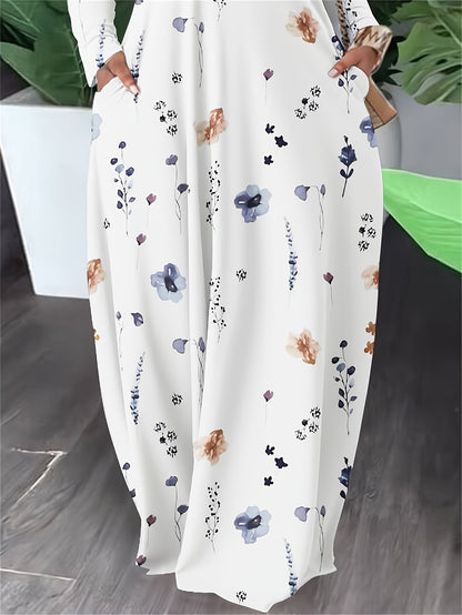 Plus Size, Women's Plus Size Floral maxi dress - Off-Shoulder long gown with side pockets, Flowy party & Everyday dress in Navy/Beige/White/Gray/Black/Blue/, Hand Washable Formal & Casual Outfit