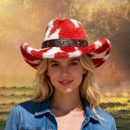 Warm Plush Fuzzy Cowgirl Hat with Bull Head Belt - Unisex Western /H Cow Spot Jazz Cap for Rodeo, Ranch, Themed Parties | Hand Washable for men & women