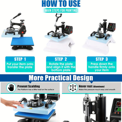 650W 12"x10" Heat Press with Dual Heating Tubes, 360° Rotation, Digital LCD Controller, Adjustable Pressure - Ideal for T-Shirts, Canvas Bags, Coasters, Pillowcases - Insulated Design for Safe Use