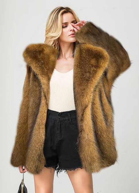 Women'S Elegant Luxurious Mid-Length Faux Fur Coat - Soft Warm Imitation Rabbit & Fox Fur Jacket, Solid Color Winter Outerwear with Full-Length Lining, Cozy Fall/Winter Coat for Casual & Formal Outfits, Versatile Everyday to