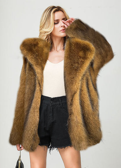 Women'S Elegant Luxurious Mid-Length Faux Fur Coat - Soft Warm Imitation Rabbit & Fox Fur Jacket, Solid Color Winter Outerwear with Full-Length Lining, Cozy Fall/Winter Coat for Casual & Formal Outfits, Versatile Everyday to
