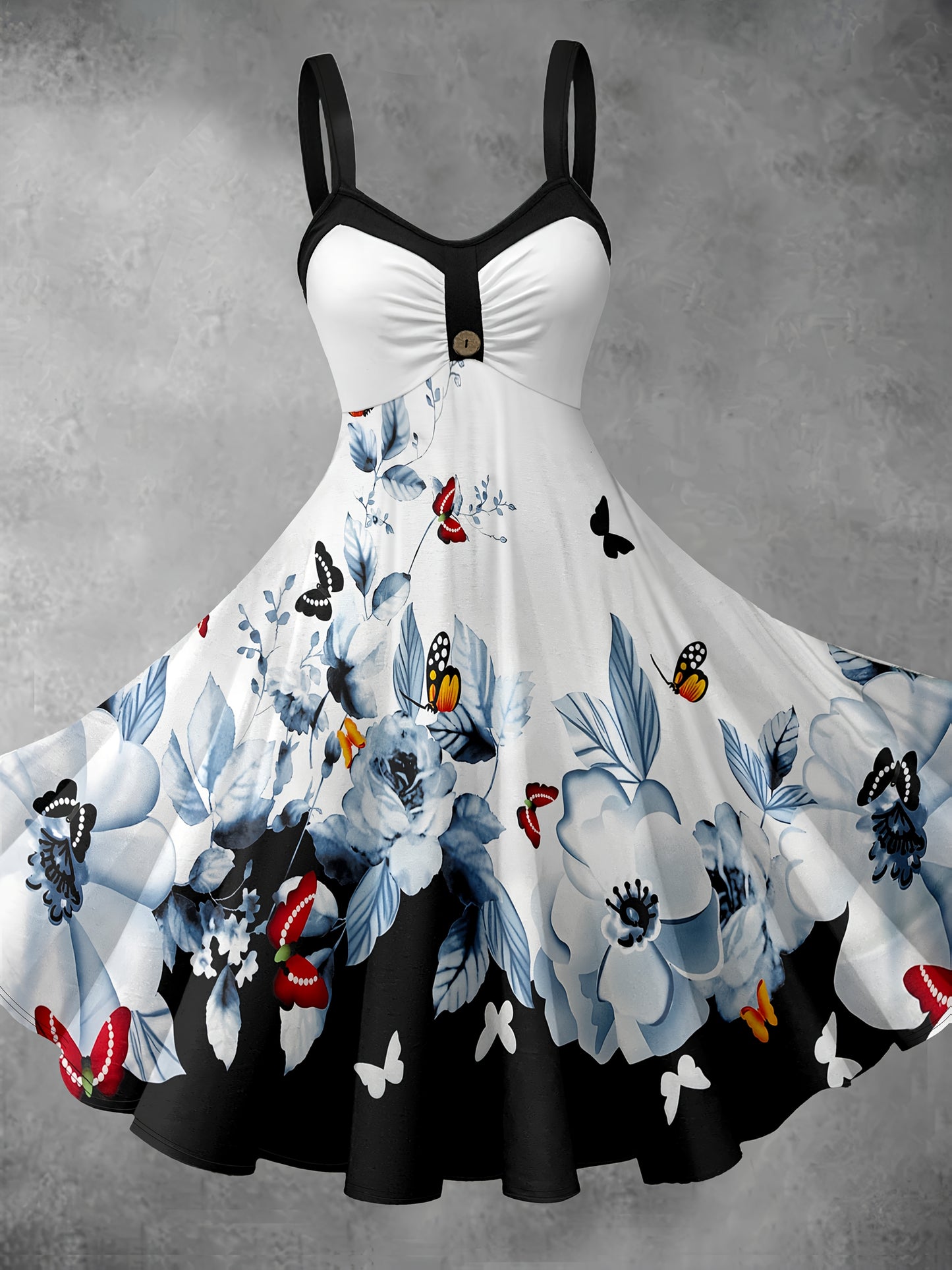 [Retro Print Dress] This fashionable Women's dress features a floral and butterfly print patchwork design. The cinched waist dress is elegant and retro