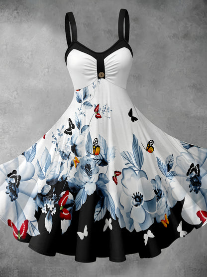 [Retro Print Dress] This fashionable Women's dress features a floral and butterfly print patchwork design. The cinched waist dress is elegant and retro