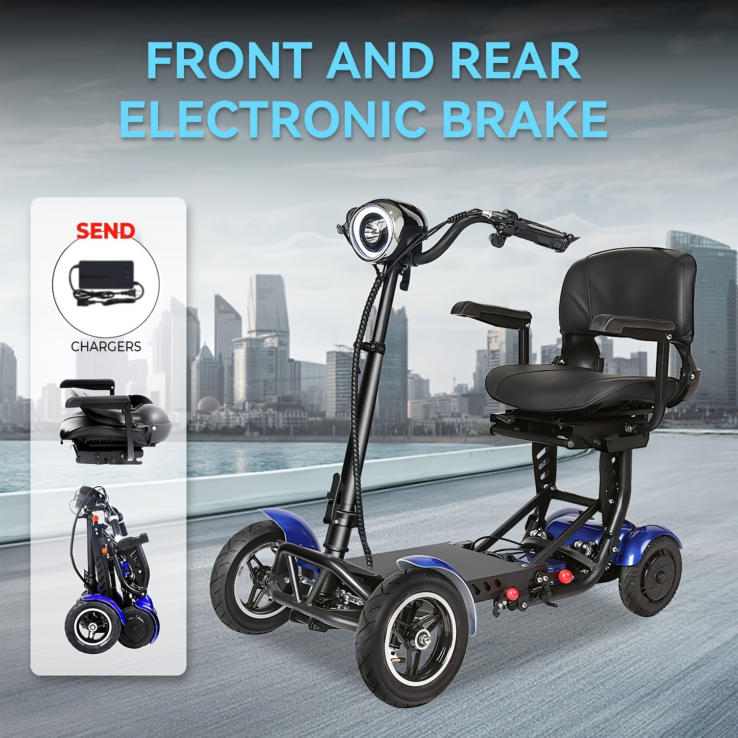 Folding Four-wheel Mobile Scooter for And Adults, Portable Electric Scooter with Basket, 3-speed Mode, 500W Dual Motors, 30 Mile Range, 11MPH, Lightweight And Compact Electric Scooter Foldable