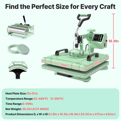 5/8 in 1 Heat Press Machine | 12x15/15x15 Inch Sublimation Heat Press, 360° Swing Away Digital T-Shirt Pressing, Includes 30OZ & 20OZ Tumbler Press, Multifunction Combo for Hat, Cap, Plate - SUTECK, Metal, 110V