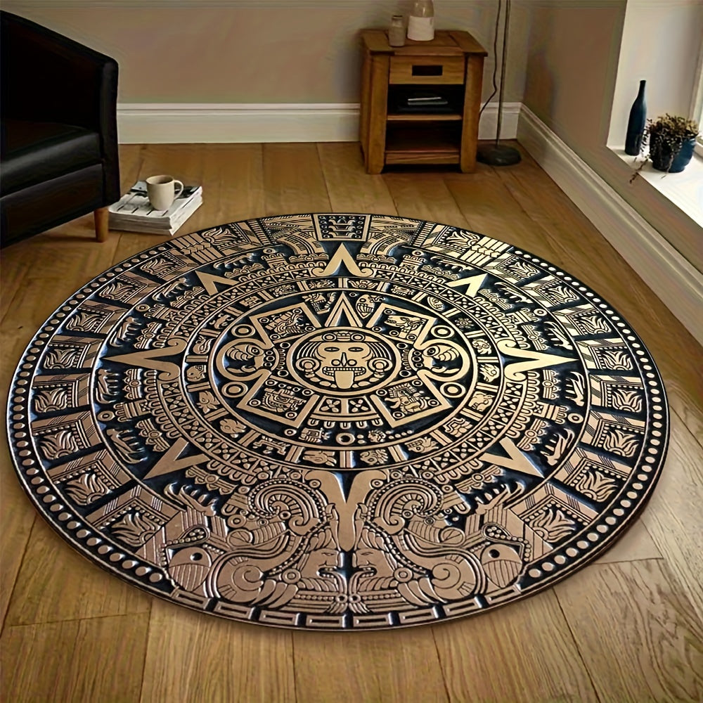 Mayan Tribal Round Area Mat - Large Black & Golden Ancient Mayan Calendar Design - Machine Washable Non-Slip Mat for Living Room, Bedroom, Game Room - Durable Floor Mat with Cultural Home Decor - Extra Large Rugs for Living R