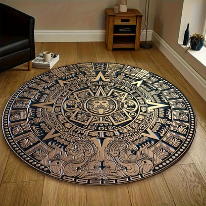 Mayan Tribal Round Area Mat - Large Black & Golden Ancient Mayan Calendar Design - Machine Washable Non-Slip Mat for Living Room, Bedroom, Game Room - Durable Floor Mat with Cultural Home Decor - Extra Large Rugs for Living R