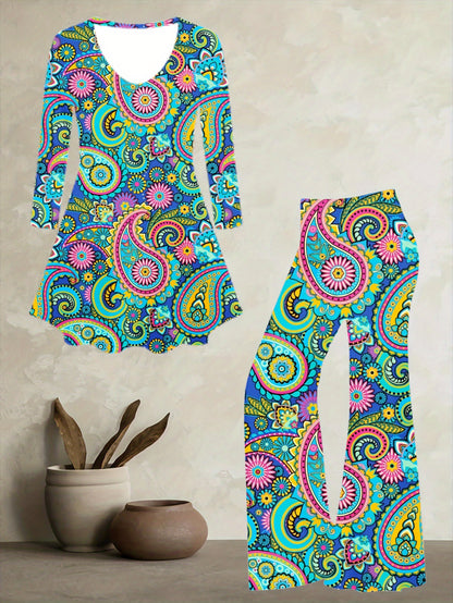 Plus Size, Women's Bohemian Print Jumpsuit- Loose Top and Flared Pants, Vibrant Multicolor(Turquoise, Pink, Yellow, Green, Purple, Orange, Red)