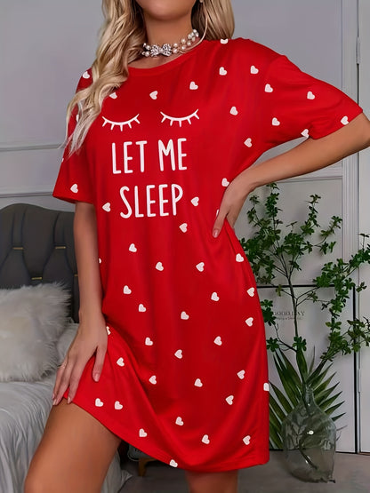 Women's Red Pajama Dress with "LET ME SLEEP" Slogan & Heart Cutouts - Short Sleeve Round Neck Sleepwear Nightgown, Machine Washable All-Season Nightdress for Bed, Lounge & ( Sleepwear)