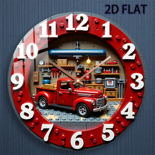 12-Inch Vintage Red Pickup Truck Garage Wall Clock with Silent Quartz Movement - Retro Round Glass Face, Block Numbered 1-12, Garage-Themed Hands & Decor for Man Cave, Workshop, Room (AA Battery Not Included)